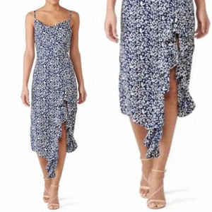 J.o.a. Sz LG Blue Animal Print Sleeveless Dress with Asymetrical Hem and Ruffle
